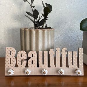 “Beautiful” Wall Hook Hanging Dusty Pink and Gold Hearts